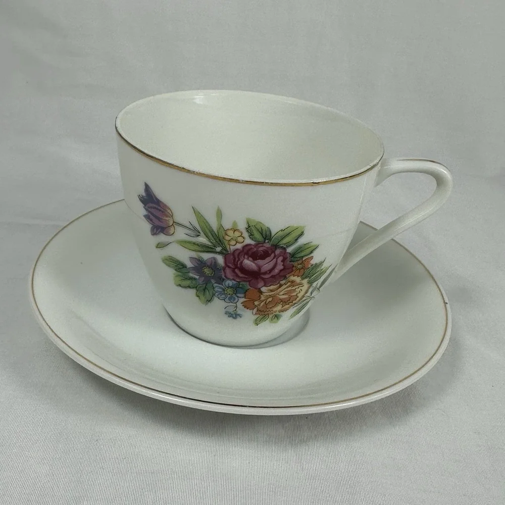 Vintage Floral Teacup‎ Saucer Set Gold Trim Multi-Color Rose Grandmillennial